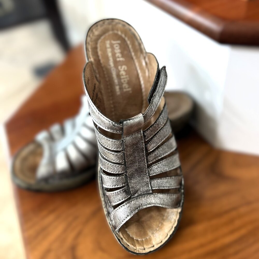 Josef Seibel Claudia Leather Slip-On Women's Wedge Sandals EU Size 39- Pewter